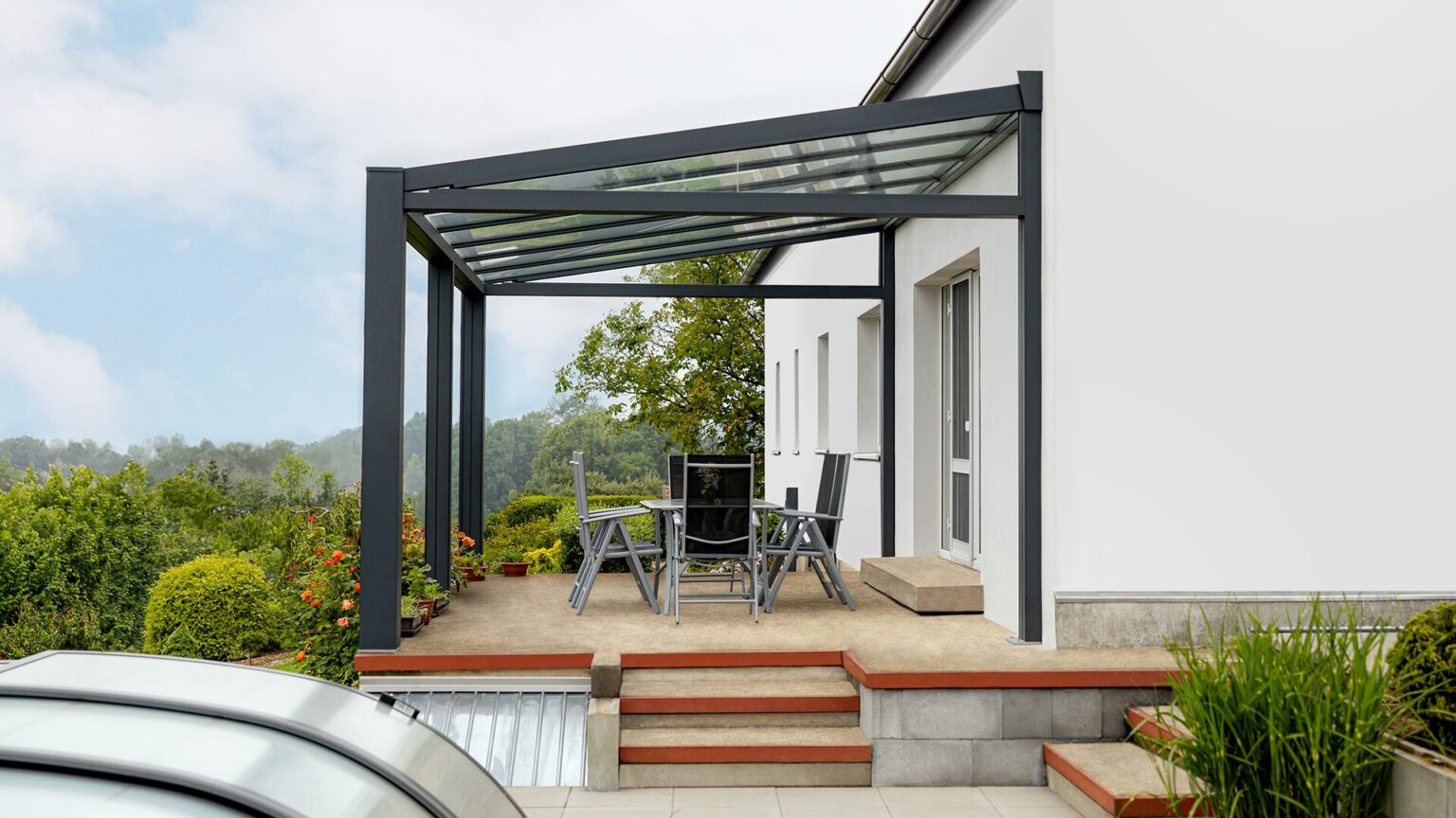 Pergola LAMARK se skleněnou střechou přisazená ke stěně | Šedá antracitová barva