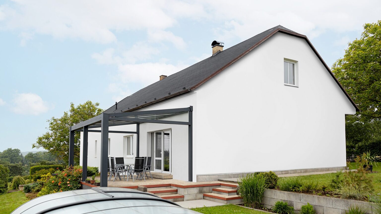 Pergola LAMARK se skleněnou střechou přisazená ke stěně | Šedá antracitová barva