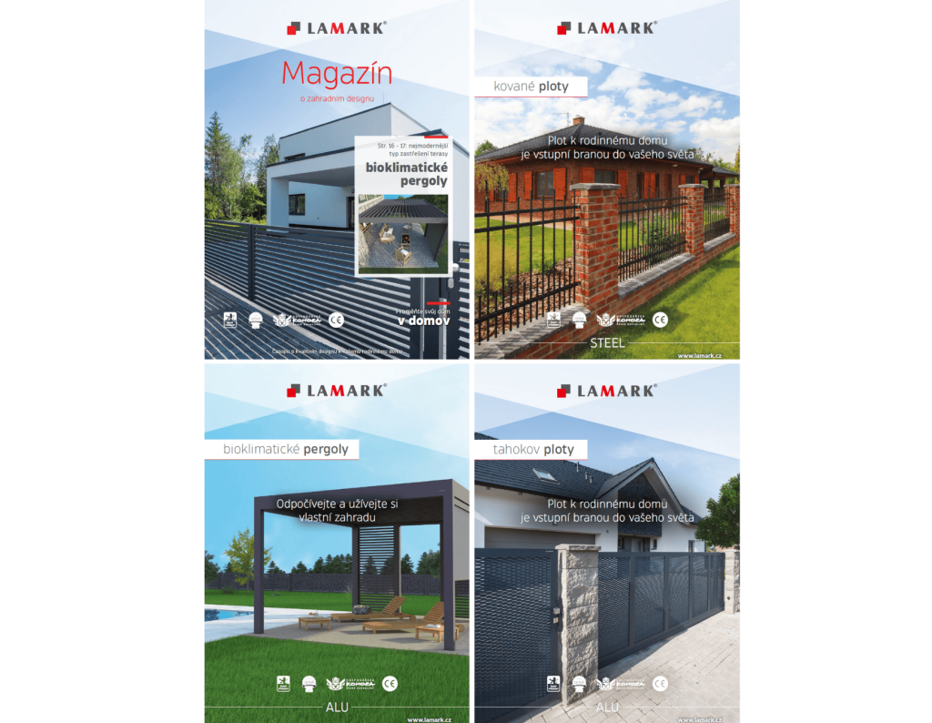 Koláž katalogů LAMARK s různými produkty a certifikacemi, včetně prestižní certifikace ČESKÝ VÝROBEK.