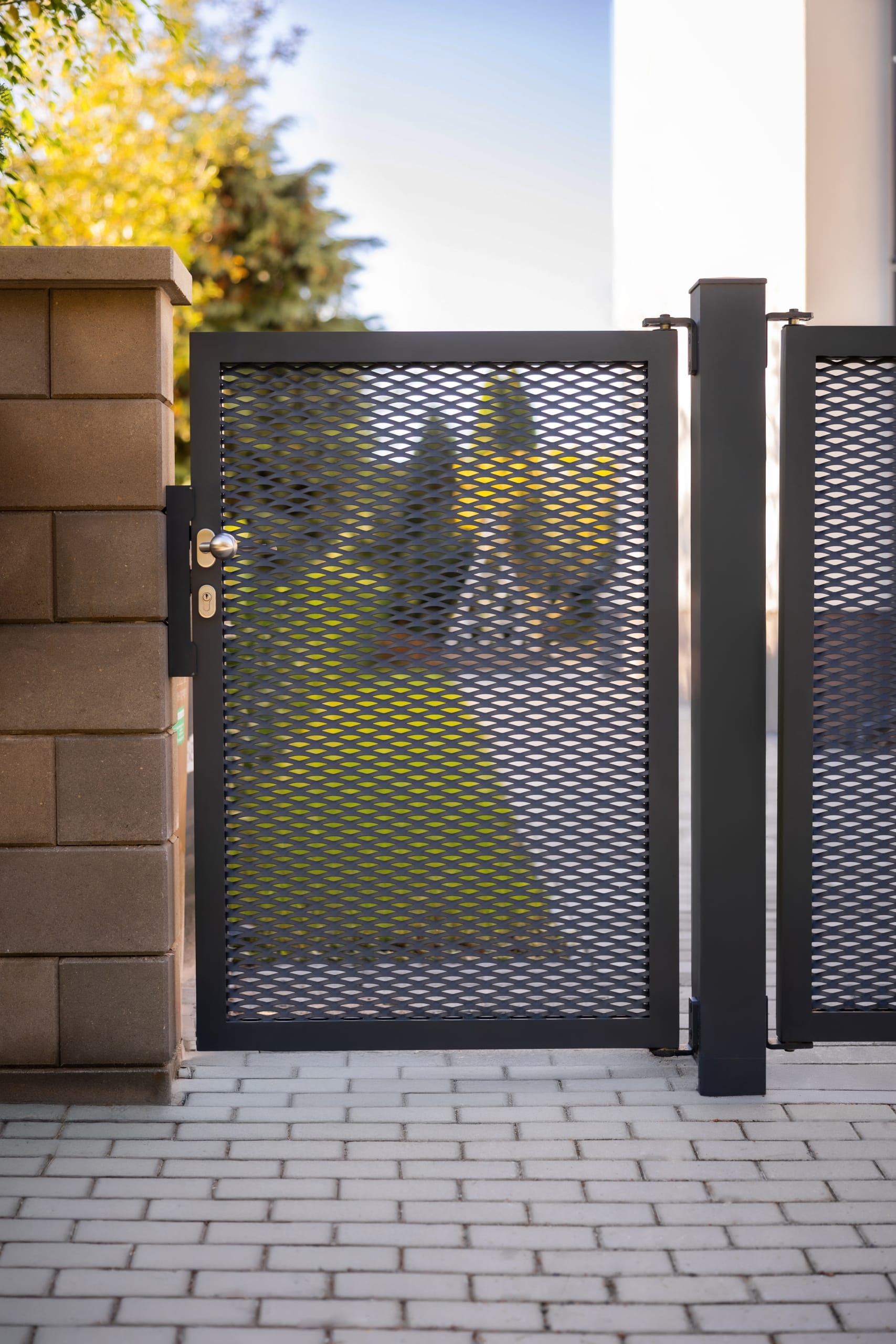 Jednokřídlá branka LAMARK z tahokovu | Motiv Mauricius | Šedá antracitová barva | Hliníkové sloupky | Pardubice