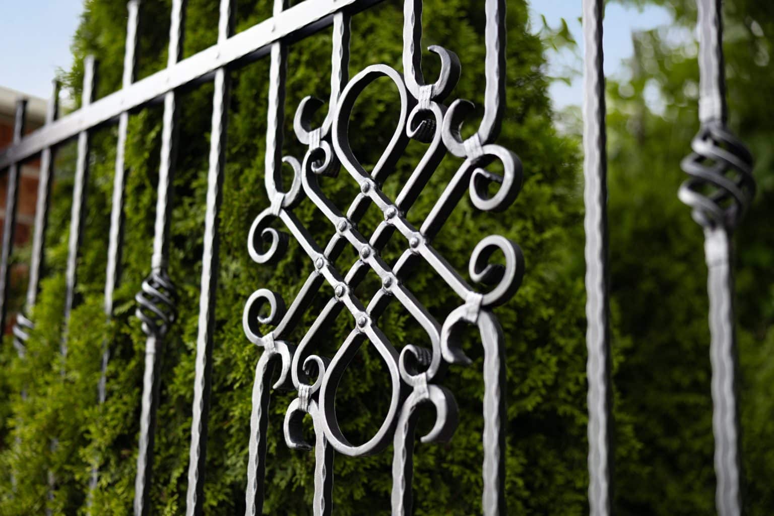 Detail dekoru Nice | Kovaný plot LAMARK | Motiv Bangkok | Černá kovářská barva | Stříbrná patina | Svařované s nýty | Oklepávané provedení | Okované konce